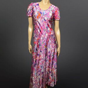 Vintage 60s Psychedelic Print Maxi Dress Womens Size S Tie Back Groovy Colourful